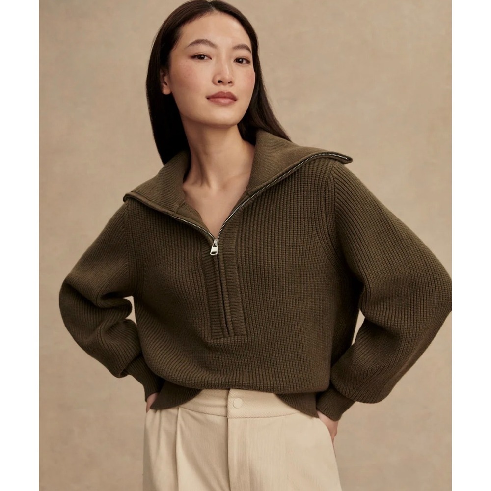 Varley Maura Half Zip Rib Knit Sweater Womens XS Olive Night Pullover Athleisure